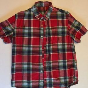 Plaid and madra shirt in red. Jack threads brand with button up.